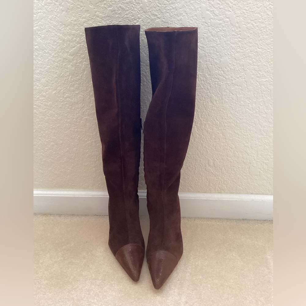 Staud Brown Suede Pointed Toe Knee High Boots - Picture 3 of 6
